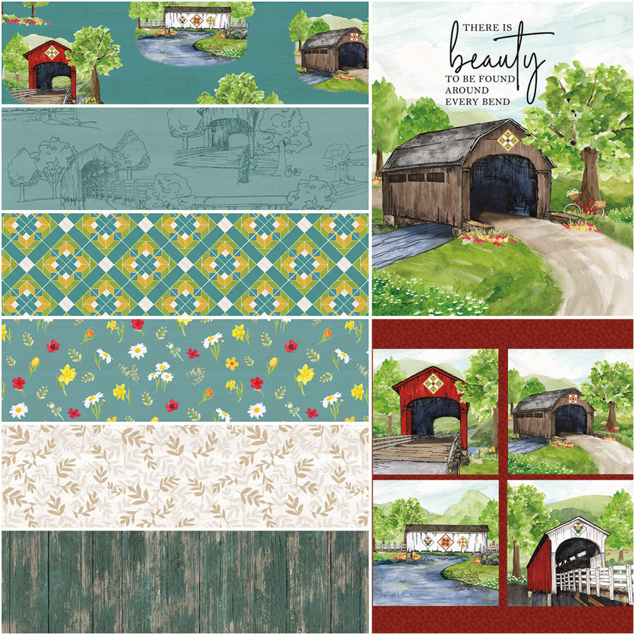 Covered Bridges in Spring Aqua 8 x 1 Yard Bundle Riley Blake